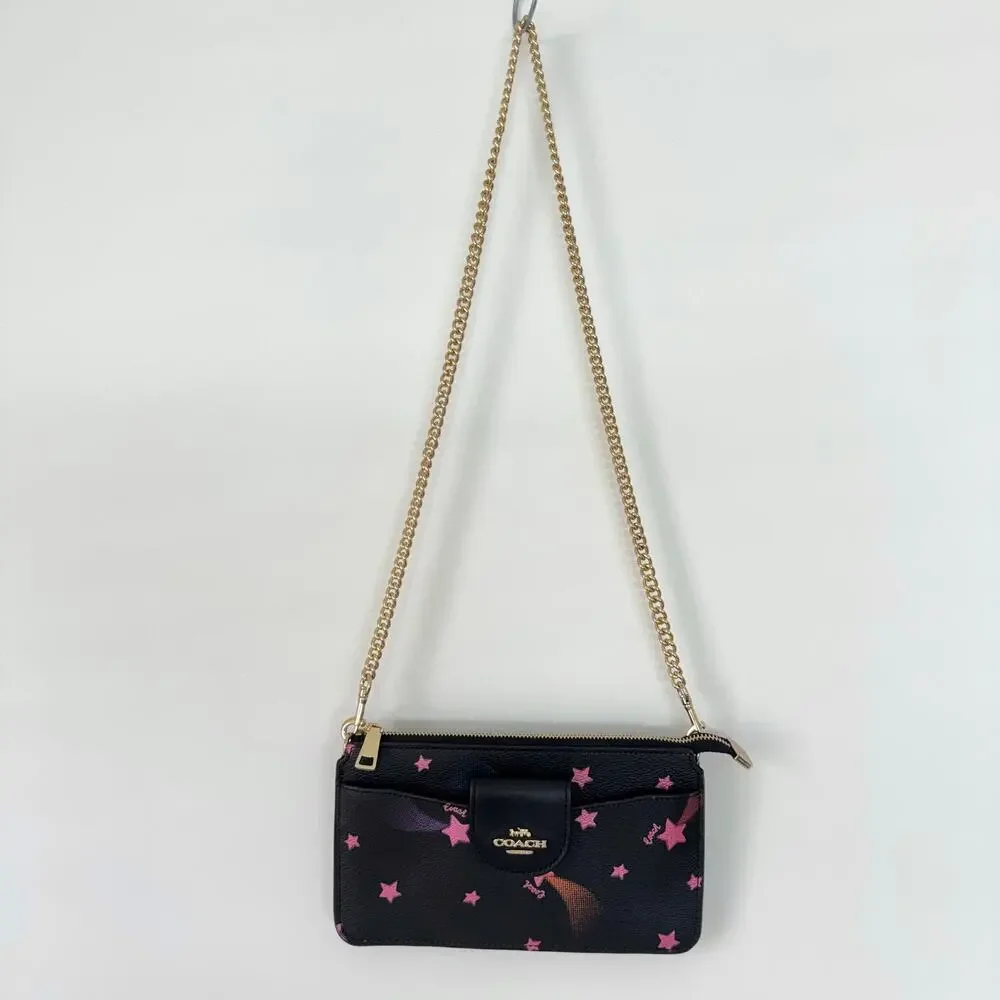 Coach Poppy Slim Shoulder Bag in Black Disco Shooting Star Galaxy Print C7289